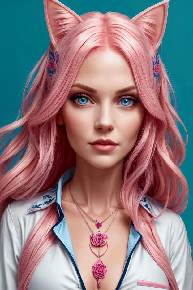 Woman with long rose pink hair, strands framing her face, bright, large and striking eyes with a cat pendant necklace. for being a veterinarian. stylish long blue lab coat with embroidery and extra pink accents with embroidery and full of stylish details, whole body