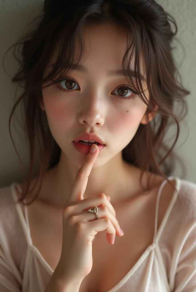 pretty of , cum in the face, slender figure, revealing clothing, cute clothes, tiny clothes, photo taken from above, face detailed, gorgeous eyes, long eyelashes, cute expression, cozy living room, photorrealistic, 4K, high qualiy, finger in the mouth, Face with cum