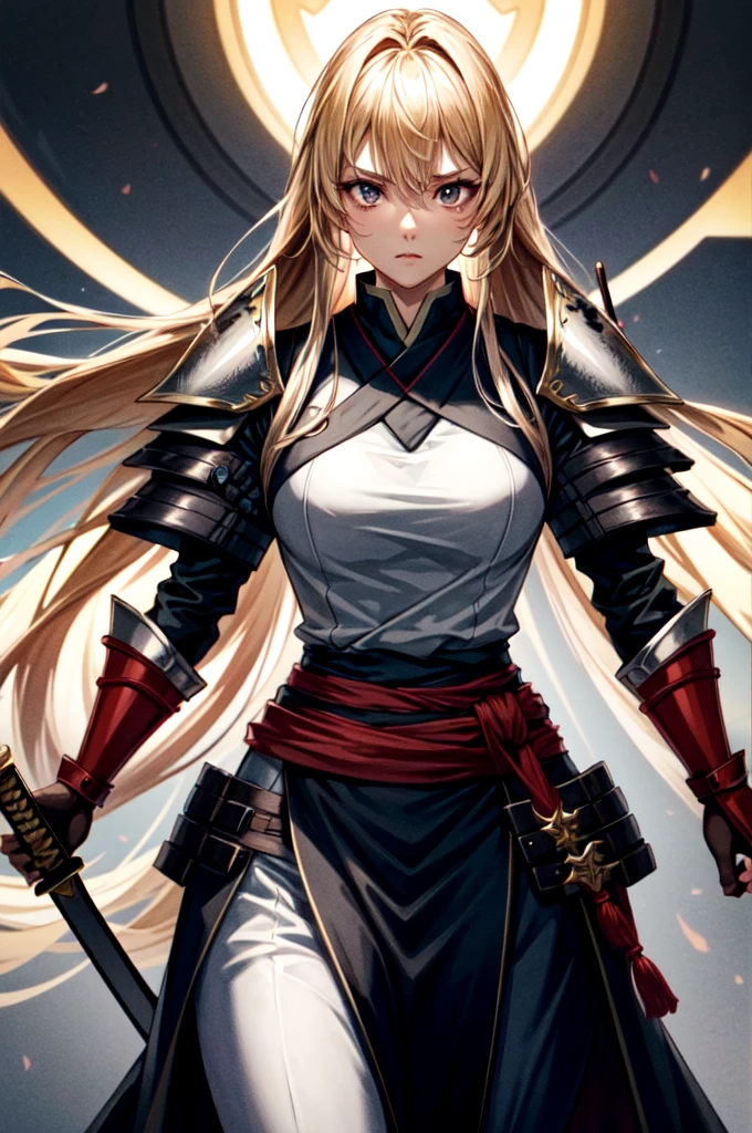 A woman wearing armor with a large sword, Female Samurai, A woman wearing light armor, Beautiful female warrior, Black Hanfu, black eye, Blonde, Long Hair, Tight waist, Five fingers, Intimidating Appearance, cinematic lighting, cowboy shot, UHD, retina, masterpiece, accurate, anatomically correct, textured skin, super detail, high details, high quality, award winning, best quality, highres