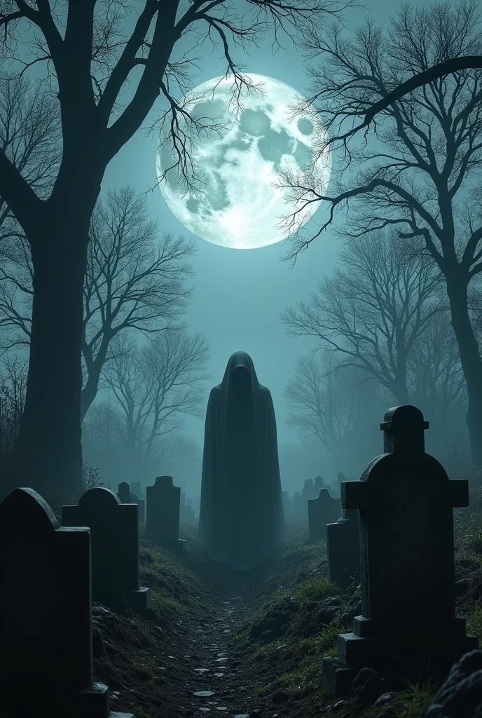 An ancient cemetery with dry trees in the background, the full moon illuminating the graveyard, a dead man rising from a grave