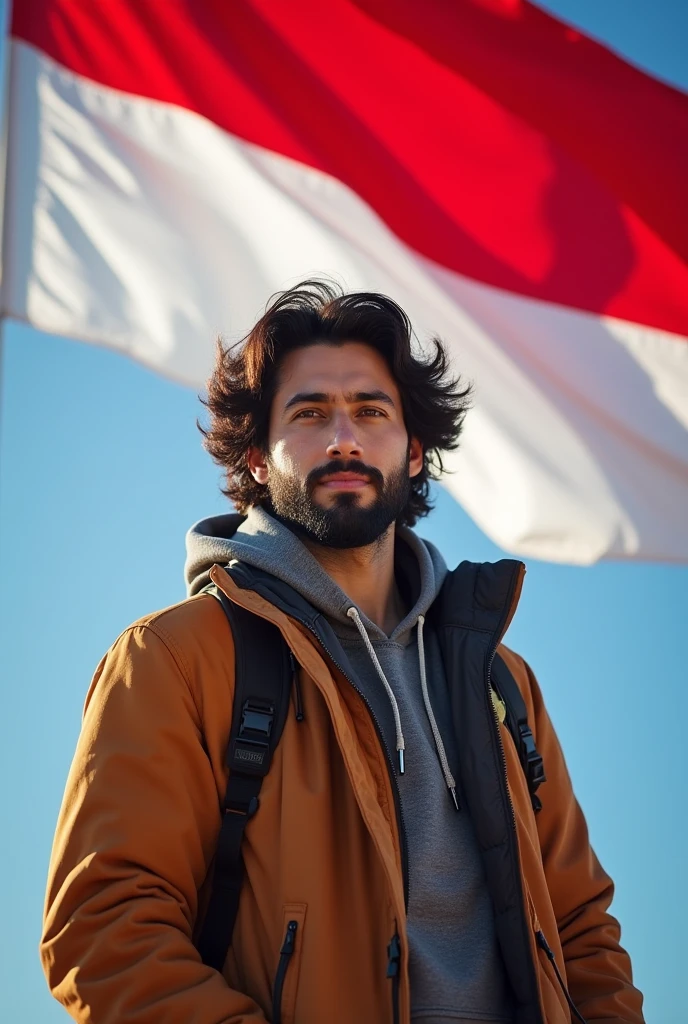 30 years old masculine jewish man, thin facial hair, full weight body, wavy black hair, short neck, straight front pose, half body portrait, outdoor outfit jacket, in front of Indonesia flag
