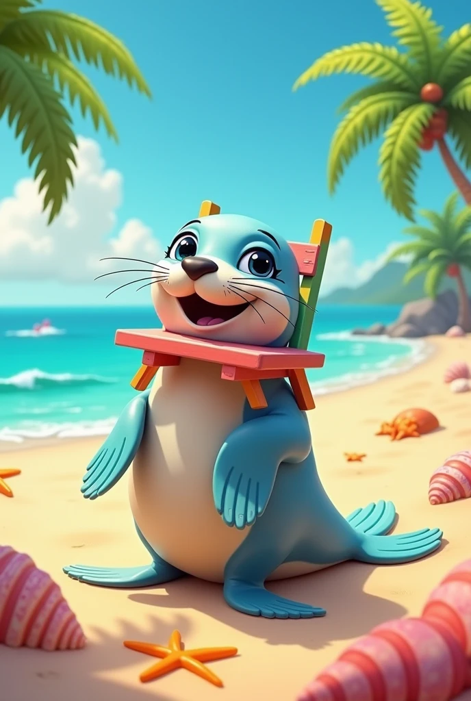 An animated seal carrying an animated chair with its nose