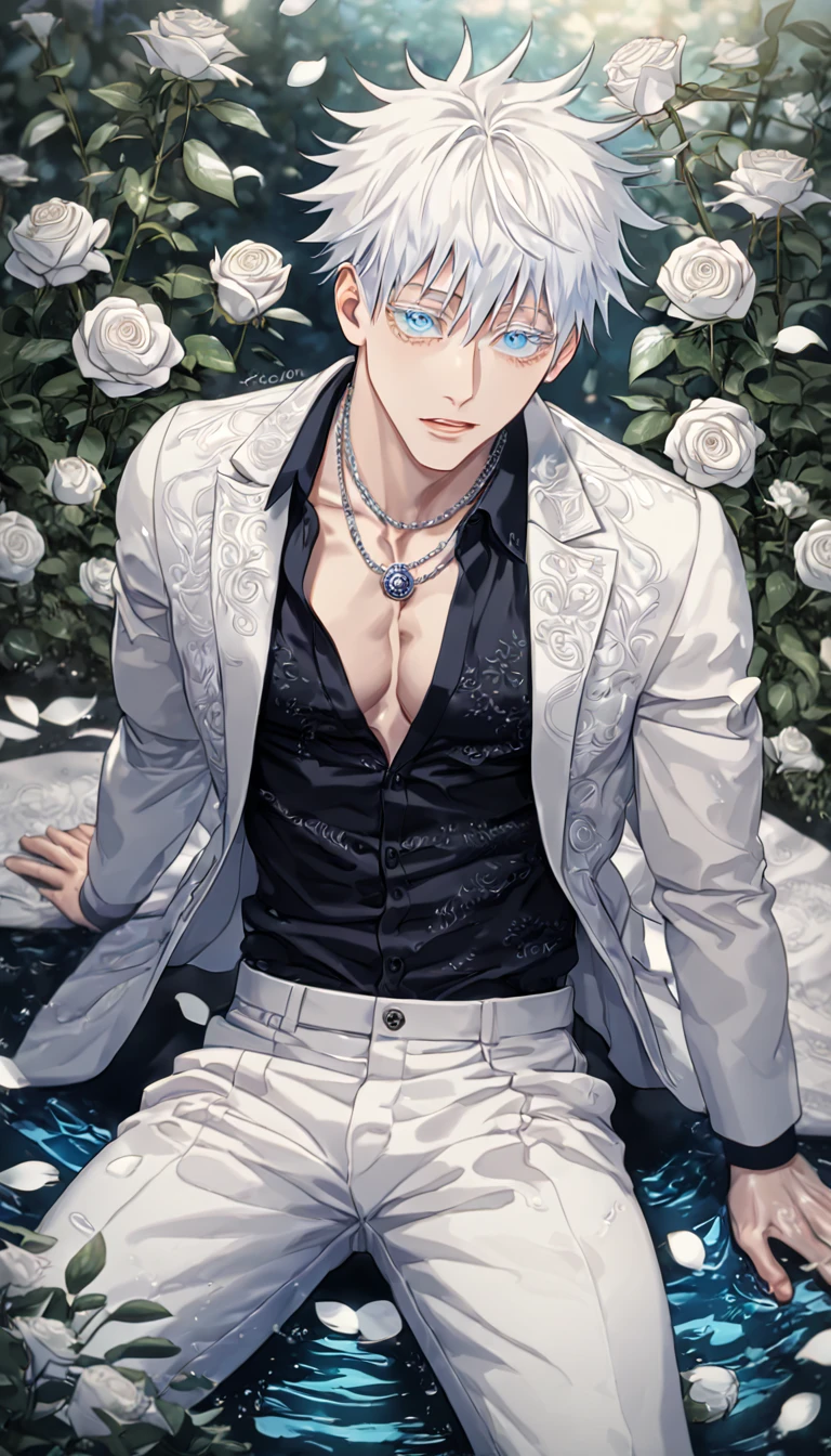 absurdres, highres, ultra detailed, HDR, master piece, best quality, extremely detailed, Gojou Satoru, white hair, expressive blue eyes, white eyelashes, Jujutsu Kaisen, solo, sexy man sitting, handsome, sensual, manly man, horny, white coat, black shirt, unbuttoned, necklace, patterns, white pants, water, white roses, white petals, fantasy, magical, garden, white leaves