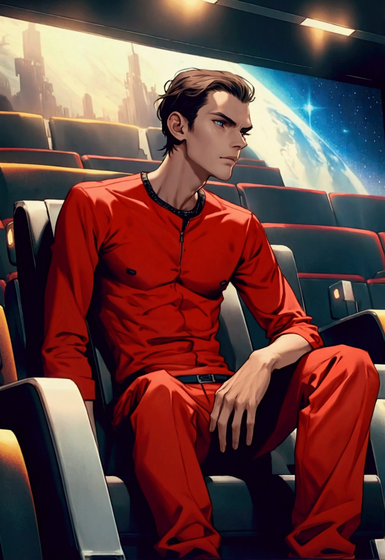skinny man sitting in the cinema, with him paying attention to the movie