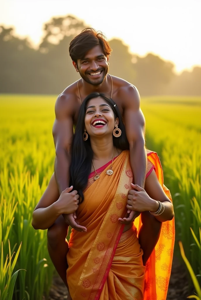 Create a realistic photograph of a smiling and beautiful indian actress in silk saree is carrying a large stout man on her shoulders in a paddy farm, man is sitting on top of her shoulders , man on top, woman standing at bottom