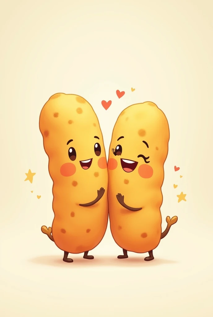 A tequeño(food as they are in Peru, Long and thin) animated without background, Now make it more animated, smaller eyes and happy but without exaggerating, now that he has a girlfriend like him, but with smaller eyes, both 