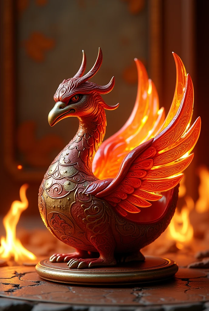 Create a functional and unique phoenix-shaped container with something original that represents the signs of fire.