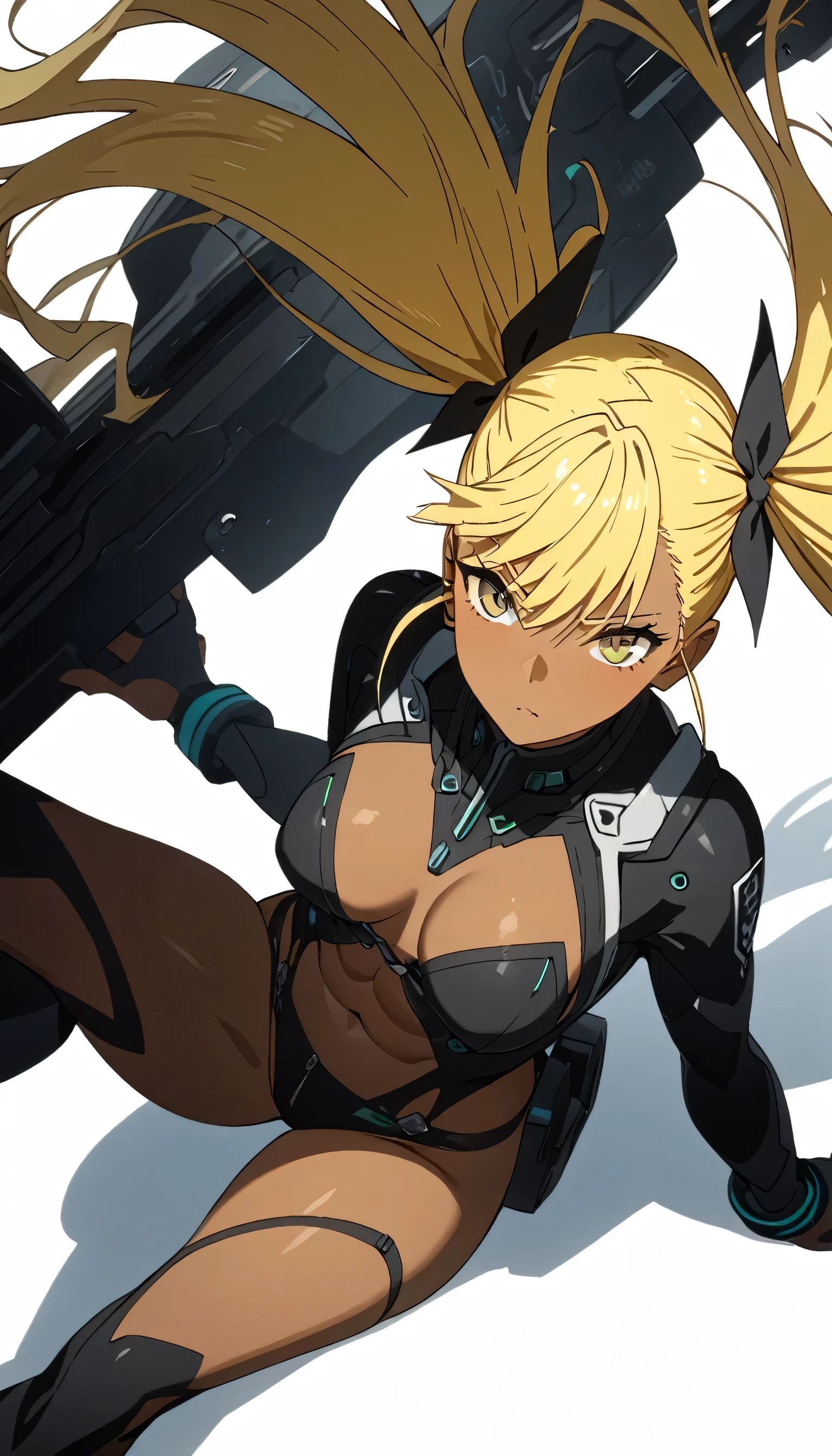 well-developed abs:1.5,(white background:2.0)、absurdres, highres, ultra detailed, (1 girl:1.2), (dark tan skin:1.4), abs:1.25,unity 8k wallpaper,Dynamism,cinematic shot, intricate details, (dramatic shadows:1.2), (vivid color palette:1.2), body twisting, seductive pose,bright lighting, spread legs,navels,kikoru,Blonde、Twin tails、Bodysuits、String Panties、