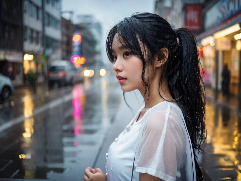 ((bust: 1.4))((8k wallpaper)) (( top quality. Realism. masterpiece. High resolution))A torrential downpour from the summer afternoon sky..A beautiful Asian girl in a white dress stood beside the old street.She took shelter under a roof without an awning.The rain was too heavy.She could only raise her bag to shield her head.But her long black hair was still soaked.Water droplets trickled down her hair.And the girl's upper body was almost completely soaked in the rain.The wet clothes clung to her graceful body.Her curvy figure was subtly revealed.