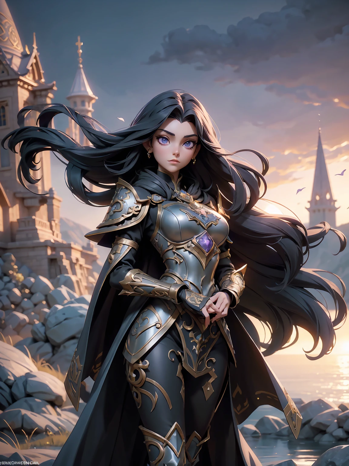 A majestic artwork of a graceful female paladin standing in a grand, medieval landscape. The full-body view reveals her adorned in exquisitely designed armor that combines elegance and strength. Her gleaming silver armor is intricately engraved with swirling patterns and symbols of protection and valor. The breastplate features delicate filigree and gem inlays, while her gauntlets and greaves are finely etched, catching the light with every movement. She wears an ornate, deep purple cape that flows gracefully behind her. Her long black hair is tied in a sleek ponytail, cascading down her back, complementing her regal appearance. Her striking amethyst purple eyes, filled with resolve and determination, enhance her beauty and strength. She carries a beautifully crafted shield, embossed with intricate heraldic symbols and protective runes, its edges reinforced with gold trim. In her other hand, she wields a formidable mace, adorned with intricate engravings and inlaid gemstones that shimmer softly. The background features a sprawling castle with tall spires against a dawn sky. Rolling hills and lush meadows stretch out before her, with a serene river winding through the landscape. Birds take flight in the early morning light, enhancing the sense of peace and anticipation. The paladin stands poised and ready, embodying both grace and power, a guardian of the land and a beacon of hope for all who gaze upon her. Her presence is commanding and inspiring, a true paragon of beauty and strength.