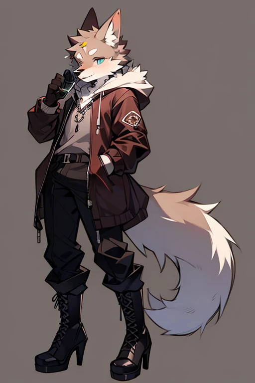 whole body,Beastman,Wolf,solo,Shota,headphone,Long Parka,Long trousers,Lace-up long boots,Stiletto heels