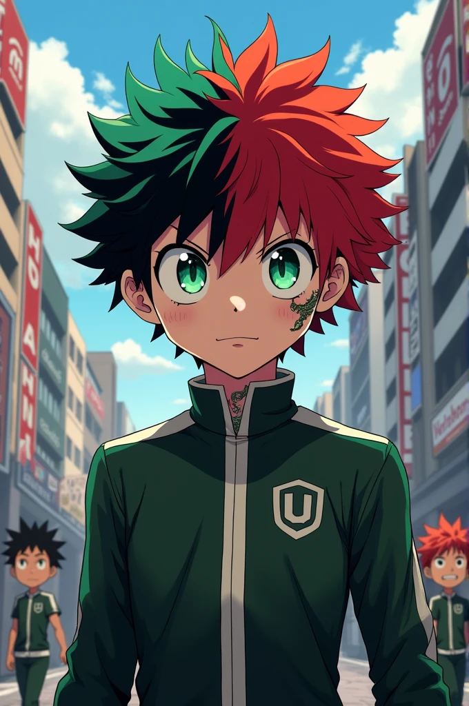 oc de my hero academia. 
A 17 year old boy with short hair, red on one side and black on the other., water green eyes with a dragon tattoo on his neck, He's wearing the UA uniform, with a piercing in his right ear on the top.