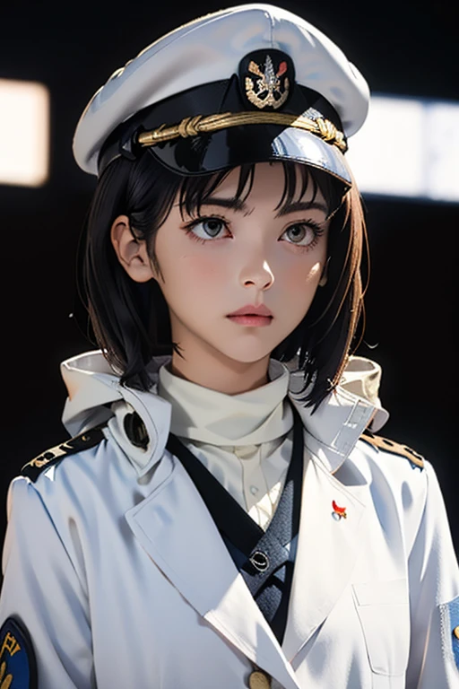 Highest quality High resolution Simple White military uniform with a stand-up collar army officers military cap class seal white open coat Baggy Long bangs Adult female Casual expression cute Strong posture Dynamic Lighting ((head to waste:1.8))Staring at me