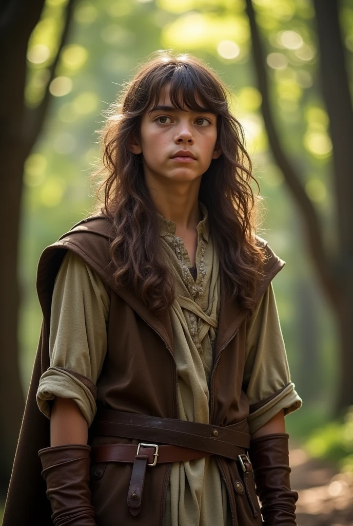 photo of Kili from The Lord of the Rings teenage version, nearly , going through puberty, elf teenager, long brown wavy shoulder length hair, with bangs, simple medieval fighting costumes