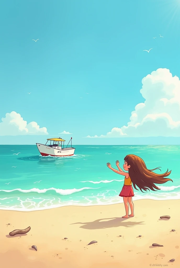 I need a hand-drawn stick figure style girl seeing a small white boat on the beach.