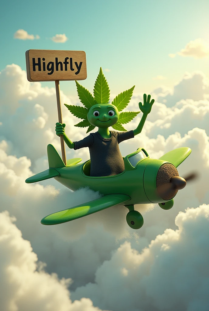 A character based on the cannabis leaf (humanoid in shape), wearing a black shirt and waving, riding in a small plane among the clouds all animated, with a sign above that says “Highfly”, a face a little more human, but not as human, more slender 
