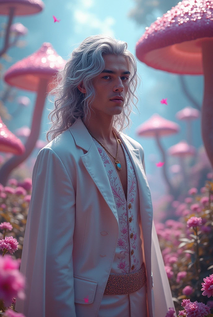 Prince man with purple eyes and gray hair (aesthetic) , that the prince is very attractive (beautiful, handsome in face and body), and that he is in wonderland 