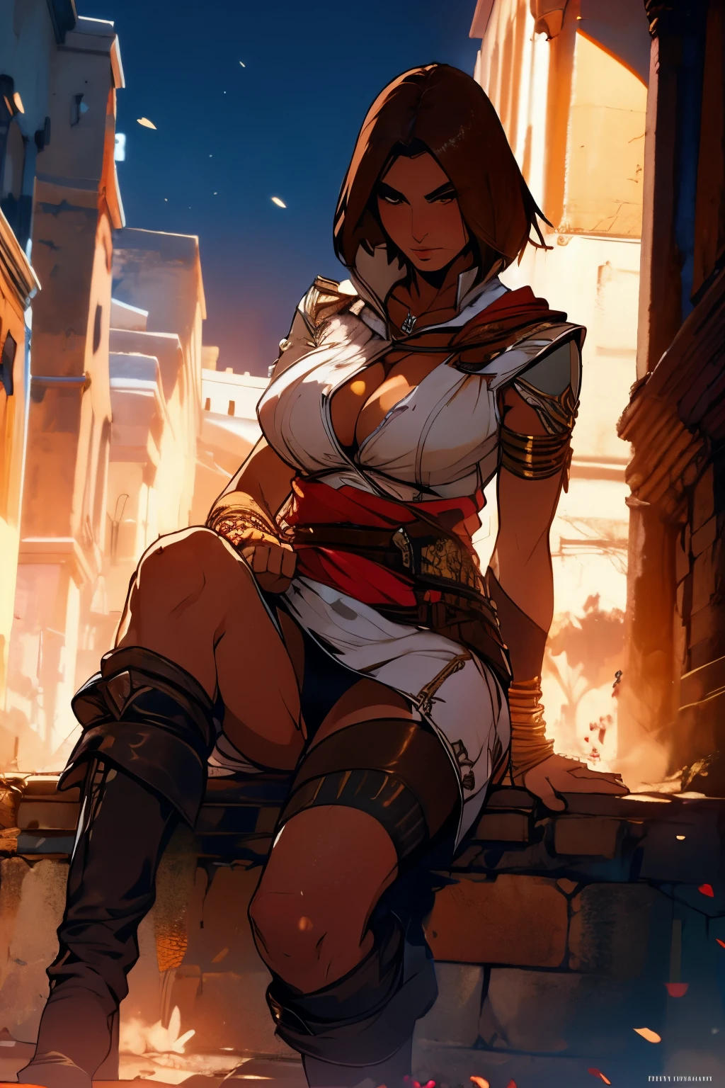 The woman, Altaïr's suit boots to the knee, Bracelets on the legs, socks, stockings, Jerusalem in the background, ((evening, night)), very detailed, Realistic long-term photography., 4k, (((short hair, brown hair))), ((shocks, garagantilla)),bracelet, sexy, dark skin, brown eyes, big breasts, big breasts