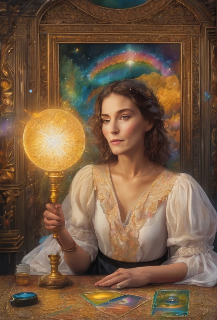 Según las imagenes o retratos publicados de la vida y obra de Marie Anne lenormand, recrear nueva imagen o retrato de ella sentada frente a una mesa leyendo el oraculo lenormand oracle,Beautiful line art photo,Use gold strokes and rainbow paint,Golden Maiden,the golden ratio,Melted wax,Visible brush strokes,surrounded by crystal spheres,3D Mosaic Wireframe,neuroimaging,neurons,colours,California,intense emotion,Oil on canvas,Thick strokes,insanely details,8k ultra high definition,tmasterpiece,art stations,ultra-realistic realism,