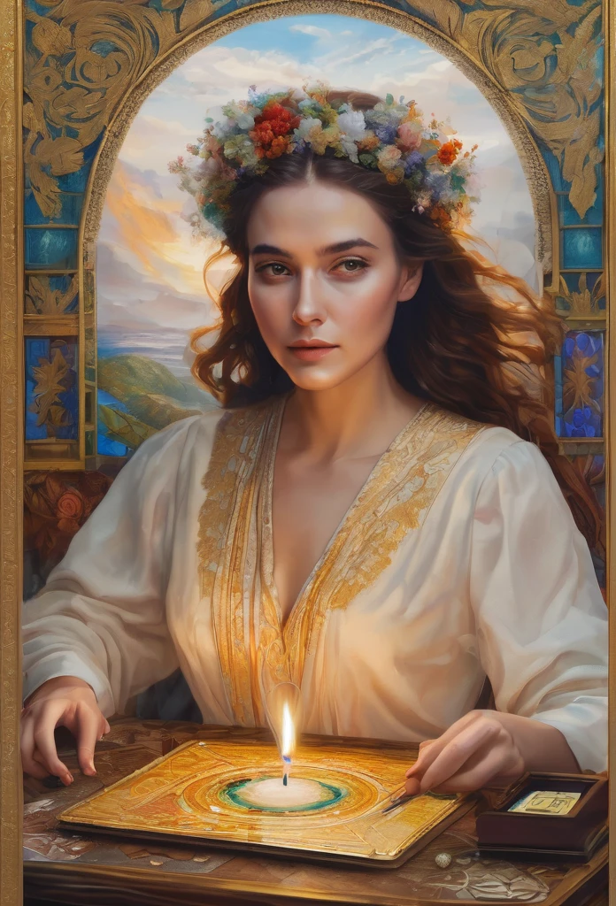Según las imagenes o retratos publicados de la vida y obra de Marie Anne lenormand, recrear nueva imagen o retrato de ella sentada frente a una mesa leyendo el oraculo lenormand oracle,Beautiful line art photo,Use gold strokes and rainbow paint,Golden Maiden,the golden ratio,Melted wax,Visible brush strokes,surrounded by crystal spheres,3D Mosaic Wireframe,neuroimaging,neurons,colours,California,intense emotion,Oil on canvas,Thick strokes,insanely details,8k ultra high definition,tmasterpiece,art stations,ultra-realistic realism,