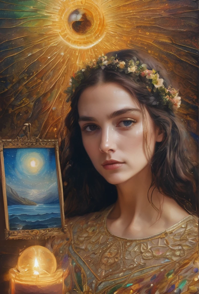 Según las imagenes o retratos publicados de la vida y obra de Marie Anne lenormand, recrear nueva imagen o retrato de ella sentada frente a una mesa leyendo el oraculo lenormand oracle,Beautiful line art photo,Use gold strokes and rainbow paint,Golden Maiden,the golden ratio,Melted wax,Visible brush strokes,surrounded by crystal spheres,3D Mosaic Wireframe,neuroimaging,neurons,colours,California,intense emotion,Oil on canvas,Thick strokes,insanely details,8k ultra high definition,tmasterpiece,art stations,ultra-realistic realism,