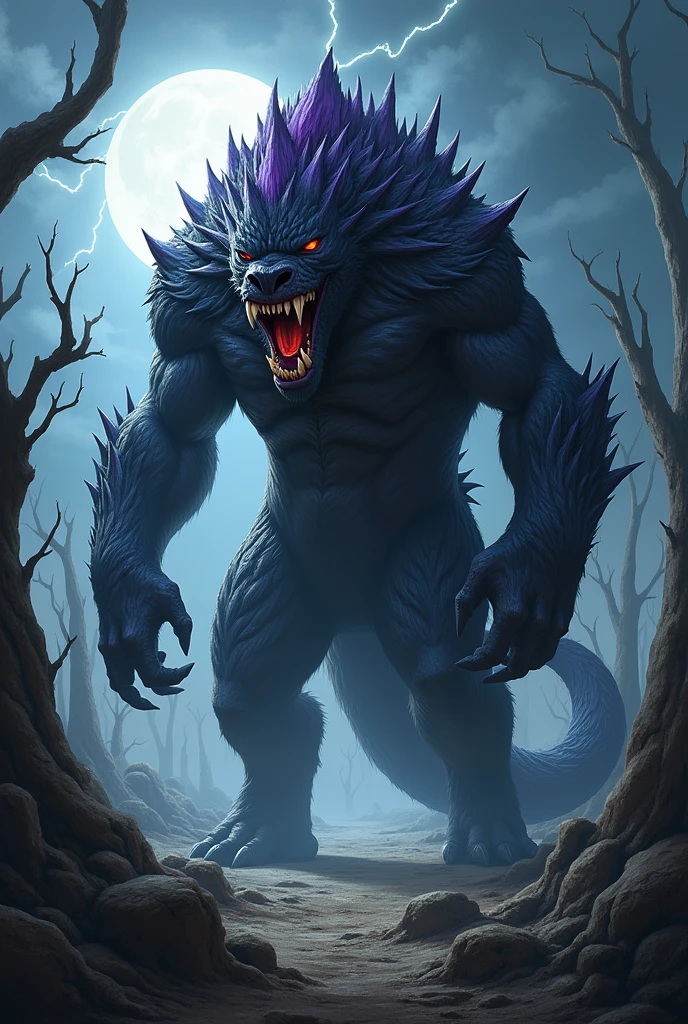 Humped monster with large fangs, black fur with purple streaks, with seams and barbed tail