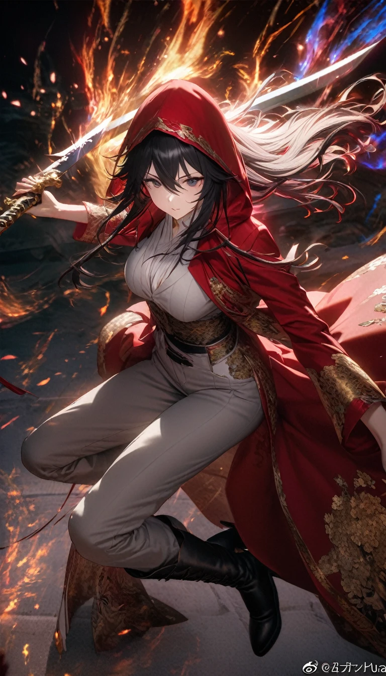Best Quality, super fine, 16k, incredibly absurd, extremely detailed, delicate and dynamic, Beautiful and pretty swordswoman, great holy sword, Long coat with red hood and gold embroidery, hood up, white pants, long boots, Messy black hair and hair between the eyes., Effect of bright aura image