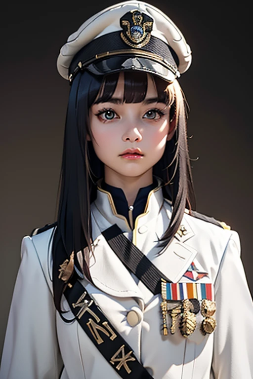 Highest quality　High resolution　Simple　White military uniform with a stand-up collar　army officers　military cap　class seal　white open coat　Baggy　Long bangs　Adult female　Casual expression　cute　Strong posture　Dynamic Lighting　（（head to waste:1.8））