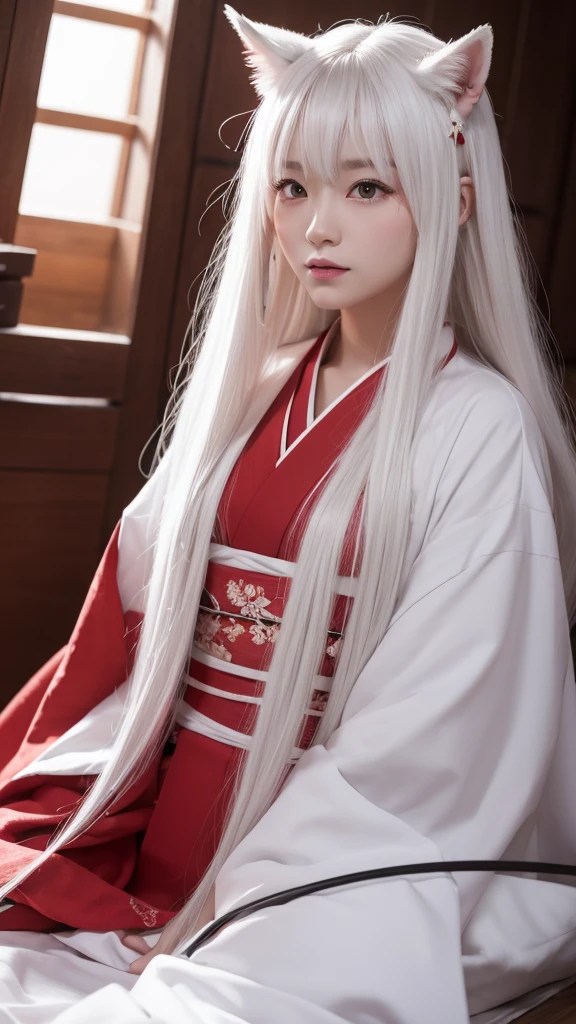 White Demon Fox、Nine-tailed Fox、Japanese women、kimono、Fair skin、Red lines on face、8K、I have long hair