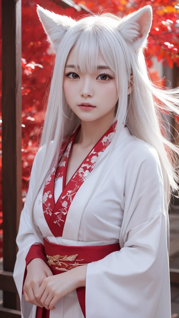 White Demon Fox、Nine-tailed Fox、Japanese women、kimono、Fair skin、Red lines on face、8K、I have long hair
