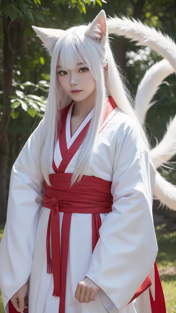White Demon Fox、Nine-tailed Fox、Japanese women、kimono、Fair skin、Red lines on face、8K、I have long hair