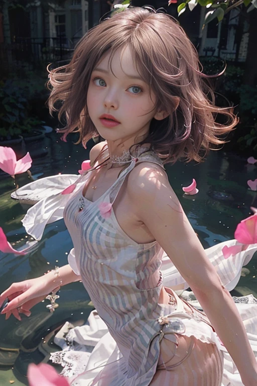 (solo:1.8), (elegant: 1.2), gorgeous, long hair, wind, (elegant: 1.3), (petals: 1.4), ((masterpiece))), ((best quality)), (ultra-detailed), (illustration), (dynamic angle), ((floating), (paint), ((loose hair)), (solo), (1girl), ( ( ( (detailed anima face)))), ((beautiful detailed face)), collar, bare shoulders, pink silver hair,((striped hair)), beautiful detailed eyes, ((Gradient eyes), (colored eyes))), (white cloud background))), (high saturation))), ((surrounded by colorful splashes)),Beautiful nipples,Hobo Flat Chest,Leaner figure,A young, beautiful girl with a beautiful nose,Small waist,Very small ass,Very slim legs,((see through cotton dress)),((see through lace dress)),((Beautiful nipples)),(Eyes that are too beautiful),(A beautiful girl of unparalleled beauty),