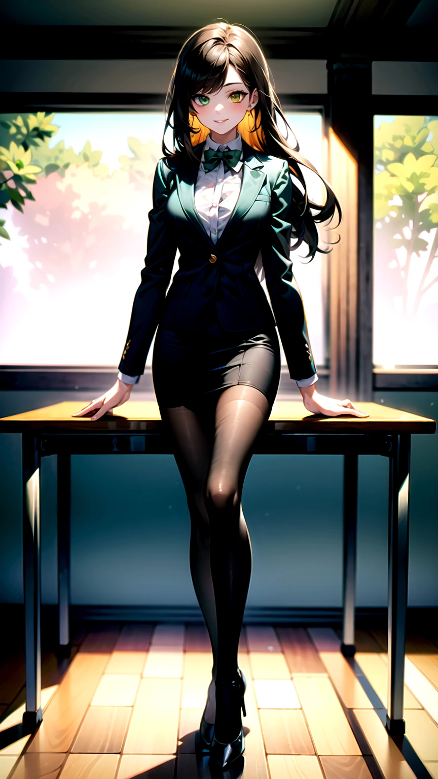 ((super high quality,Ultra-high resolution,4K,8k,super masterpiece,Ultra HD ,Detailed shading)),Full body photo,Evening Classroom,One high school girl,Blue-green blazer,A white dress shirt with the first button undone,Yellow and black striped bow tie,Marigold check mini skirt,Black tights,Long black straight hair,Side-swept bangs,Orange and green heterochromia,Sharp eyes with raised,smile,
