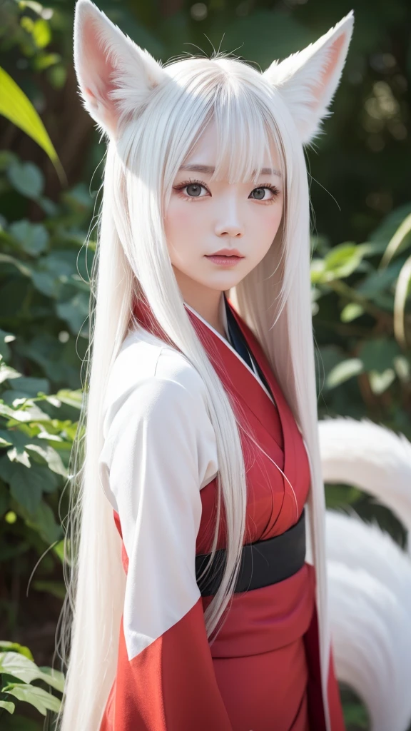 White Demon Fox、Nine-tailed Fox、Japanese women、kimono、Fair skin、Red lines on face、8K、I have long hair