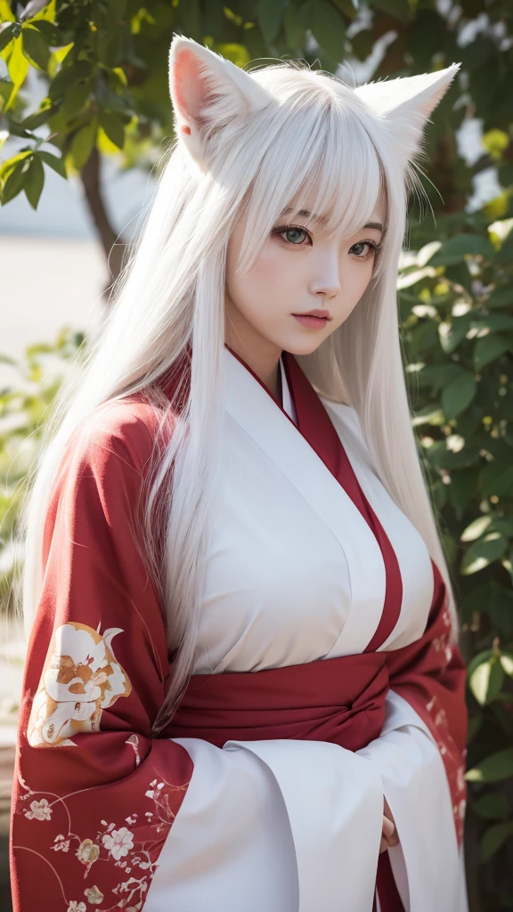 White Demon Fox、Nine-tailed Fox、Japanese women、kimono、Fair skin、Red lines on face、8K、I have long hair