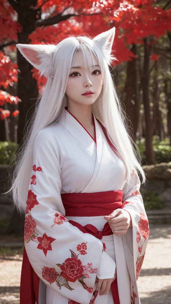 White Demon Fox、Nine-tailed Fox、Japanese women、kimono、Fair skin、Red lines on face、8K、I have long hair