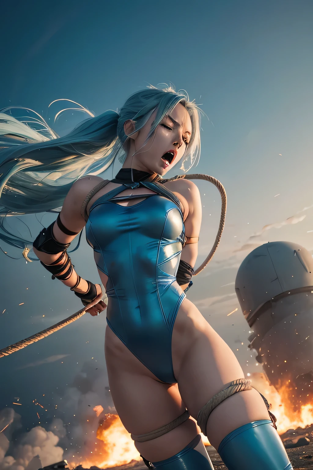 superheroine, long long gorgeous light blue hair, ((rough rope wrapped around body, tighten up)), latex, leotard, sky blue and white costume, captured, shibari, static restrained, ((arms behind back)), chained, rope bind, collared, cruelly, painful, helpless, humiliating, regrettable, ((screaming in pain)), ((running away desperately)), impatient, falling body, eyes closed, many explosions happening around her, ((directly exposed to the explosion)), ((bullets fly after her)), ((bazooka bullet fry after her)), lean back, body lying down, body fall down, floating in air, full body shot, in wasteland, bondage
