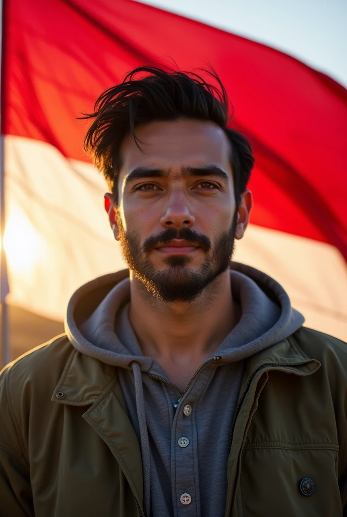 30 years old masculine jewish man, thin facial hair, full weight body, wavy black hair, short neck, straight front pose, half body portrait, outdoor outfit jacket, in front of Indonesia flag