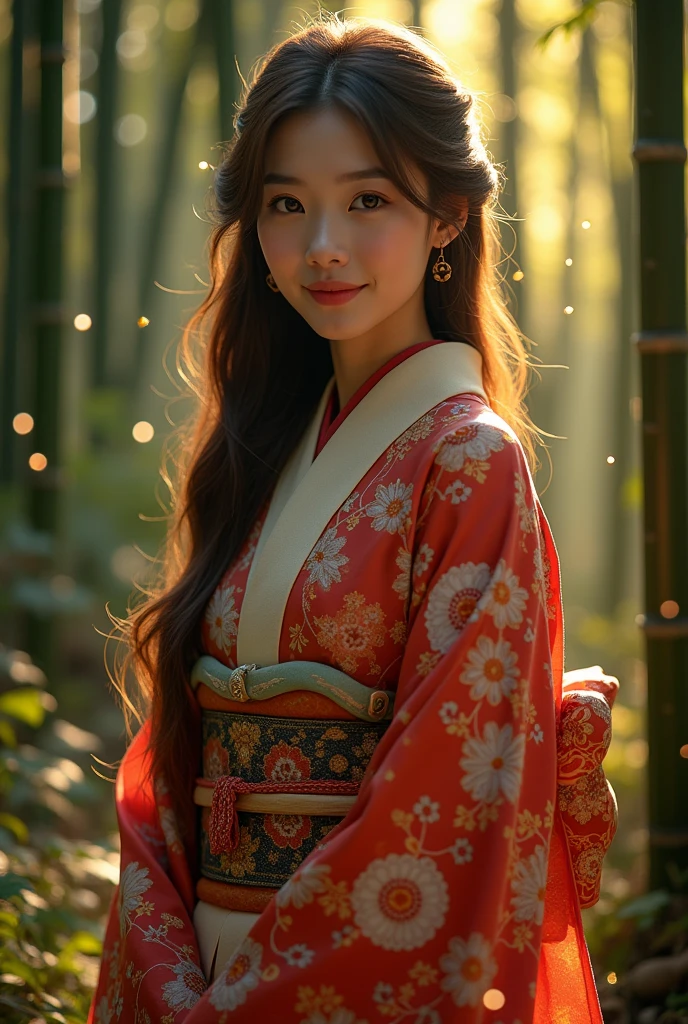 detailed detailed beautiful young woman wearing summer kimono, long brown hair, detailed face, big bright eyes, long eyelashes, detailed nose and lips, slight smile, standing in moonlit bamboo forest, fireflies glowing in the air, summer festival lights in the background, clogs on her feet, (best quality,4k,8k,highres,masterpiece:1.2),ultra-detailed,(realistic,photorealistic,photo-realistic:1.37),detailed intricate pattern on kimono, warm lighting, vibrant colors, cinematic composition