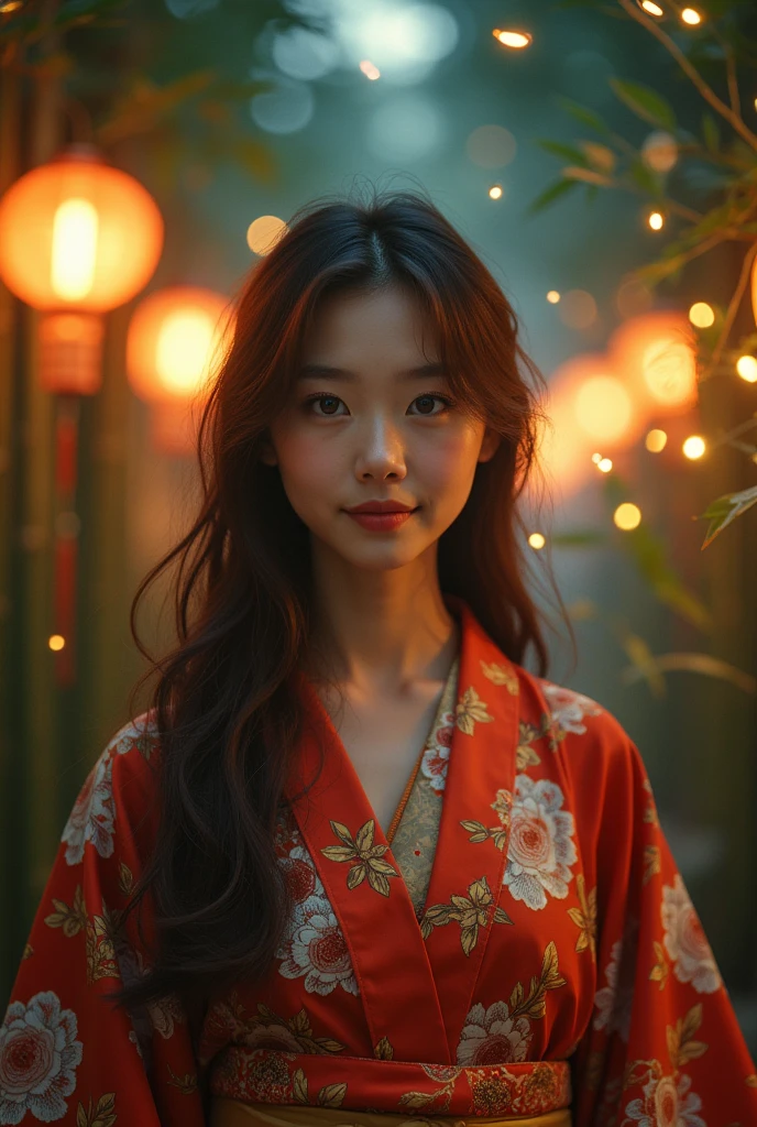 detailed detailed beautiful young woman wearing summer kimono, long brown hair, detailed face, big bright eyes, long eyelashes, detailed nose and lips, slight smile, standing in moonlit bamboo forest, fireflies glowing in the air, summer festival lights in the background, clogs on her feet, (best quality,4k,8k,highres,masterpiece:1.2),ultra-detailed,(realistic,photorealistic,photo-realistic:1.37),detailed intricate pattern on kimono, warm lighting, vibrant colors, cinematic composition