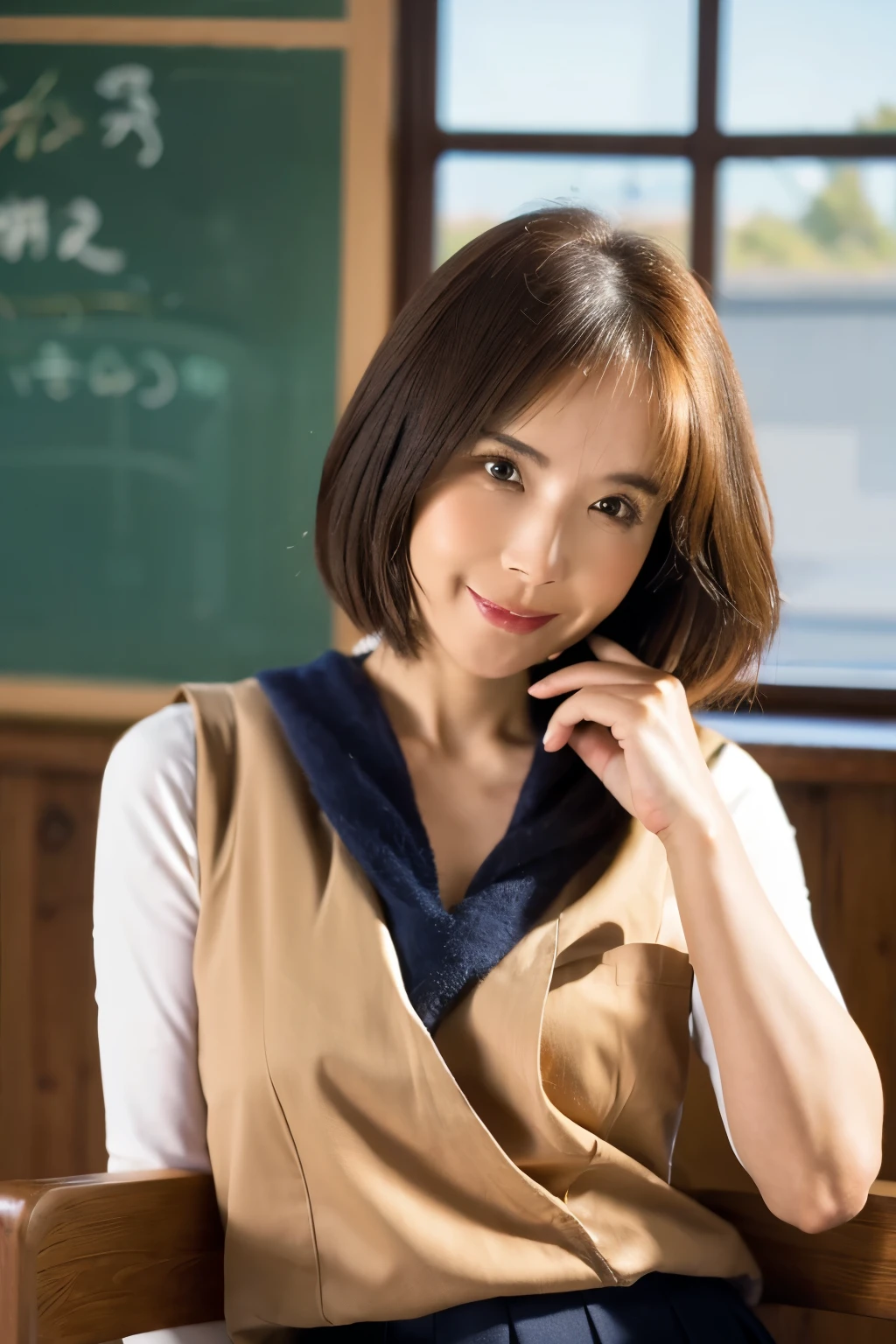 best quality, Face focus, soft light, Ultra high resolution, (realistic:1.4), raw photos, 1 Japanese girl, alone, cute, (shy smile:0.5), (brown eyes, Light enters the eyes), Beautiful, detailed face, (small breasts),(High resolution details of human surface.), (short bob hair), Take a break, in the classroom,Navy school uniform, vest, skirt