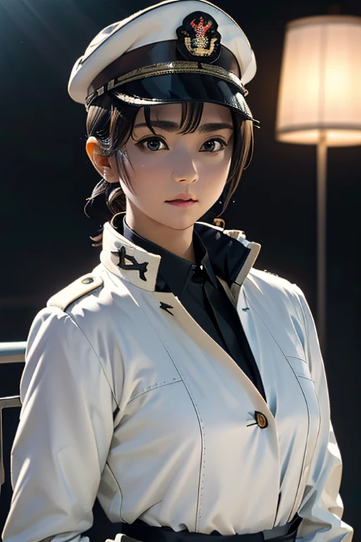 Highest quality　High resolution　Simple　White military uniform with a stand-up collar　army officers　military cap　class seal　white open coat　Baggy　Long bangs　Adult female　Casual expression　cute　Strong posture　Dynamic Lighting　（（head to waste:1.8））