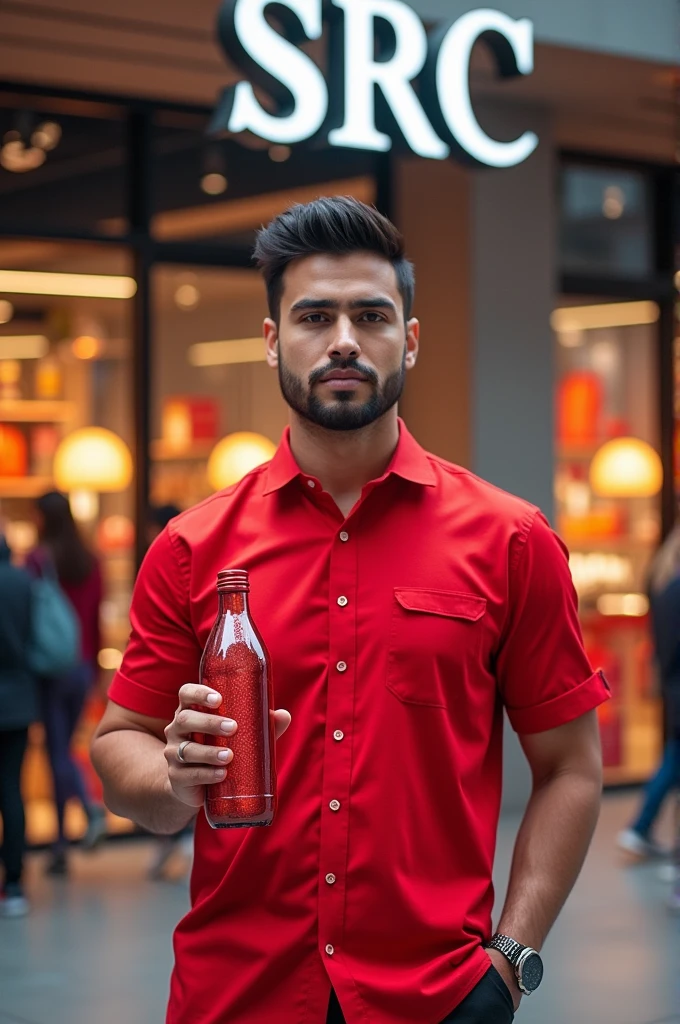 Draw me a 4D image of a man wearing a red shirt, showing a red mineral water bottle in front of a modern retail store that says SRC. 