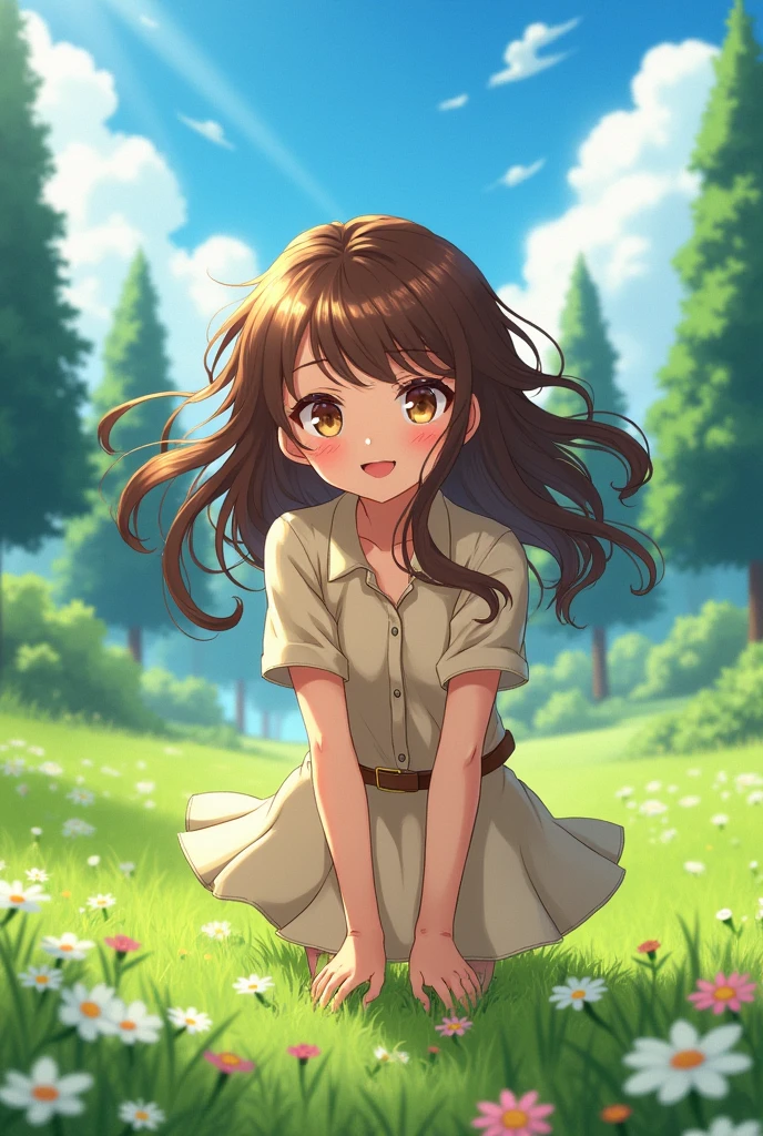 Oc the promised neverland:Wavy brown hair down to the waist, hazel eyes cheerful with long eyelashes, light brown skin with pink tones(Cheeks, elbows, knees etc)
