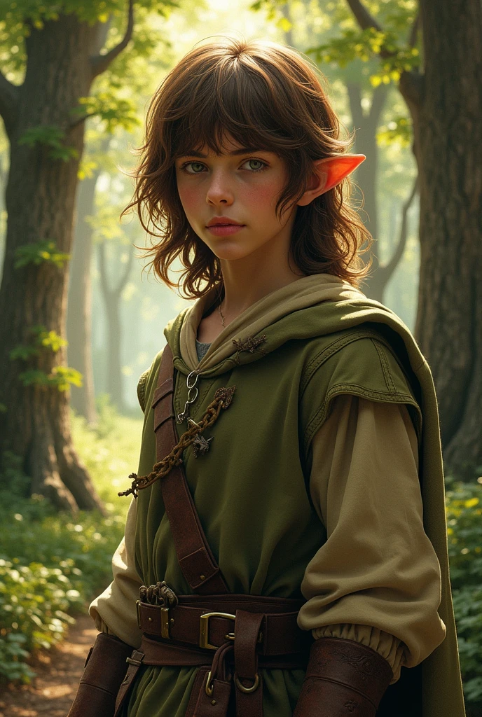 photo of Kili from The Lord of the Rings teenage version, about , going through puberty, elf teenager, long brown wavy shoulder length hair, with bangs, simple medieval fighting costumes, with the face of a teenager
