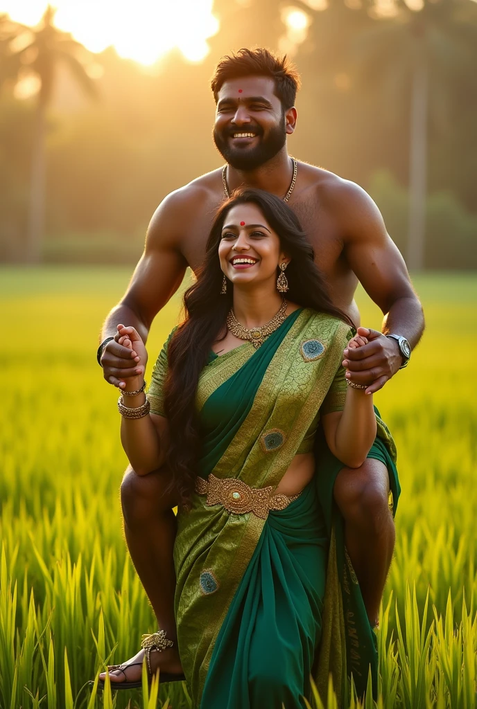 Create a realistic photograph of a smiling and beautiful indian actress in silk saree is carrying a large stout man on her shoulders in a paddy farm, man is sitting on top of her shoulders , man on top, woman standing at bottom