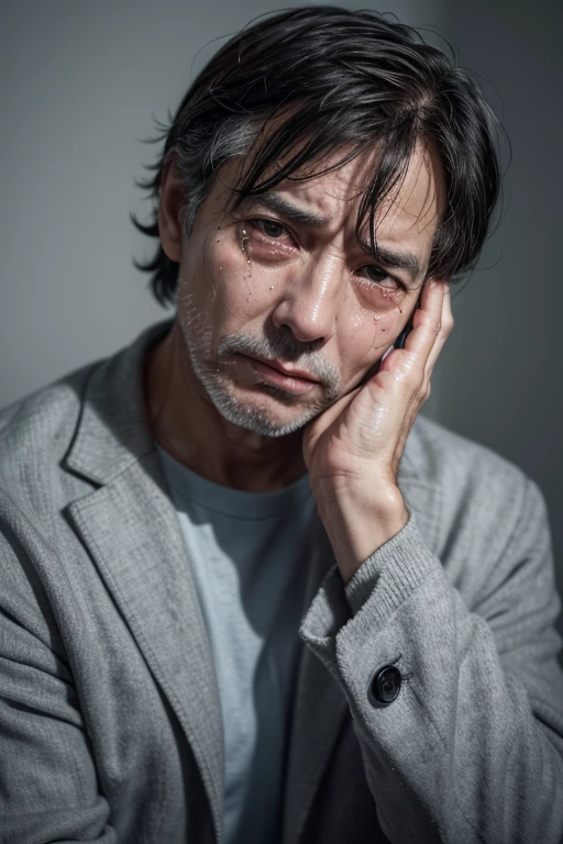 50 years old man, sad hand on head, sobbing, directionless in life, poorly dressed with depression