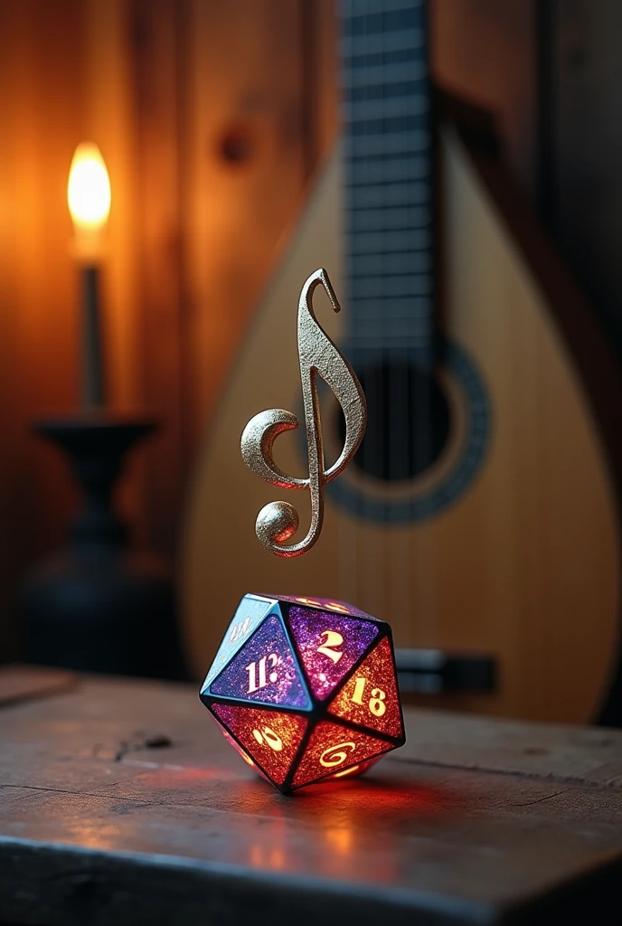 A musical note involving an rpg dice and a lute on the background