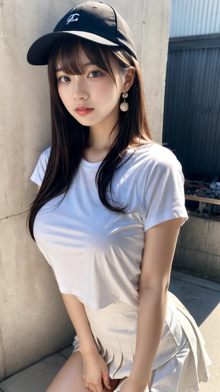 masterpiece, best quality, illustration, Super detailed, fine details, High resolution, 8K,wall paper, perfect dynamic composition,(Details High quality, realistic depiction of eyes:1.3), baseball cap, earrings, (white t-shirt), (black pleated skirt), straight hair, black hair color, Big Natural Color Lip, sexy pose, (perfect body shape), crying a little、 Harajuku style、20 year old girl、cute type、ta, hposing Gravure Idol, full body photo、focus on crotch, huge breasts