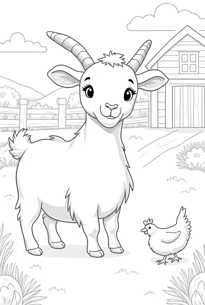 Generate a coloring page of a goat on a farm in format 3.:4
without color